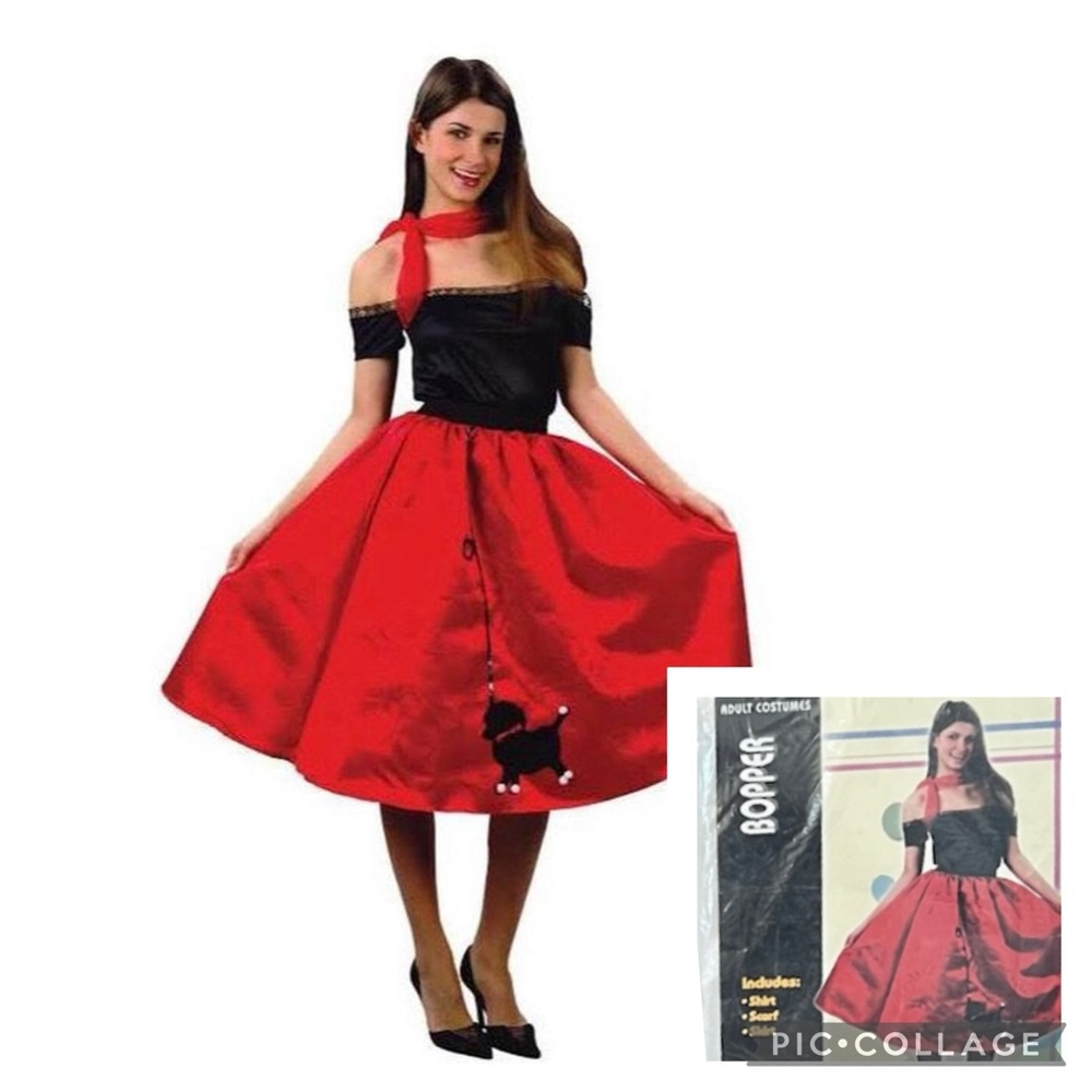 NEW 50s Costume Adult M 8-10 Red Off Shoulder, Black Poodle Skirt Halloween OS
